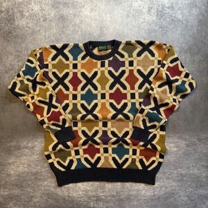 Vintage Byford Mens XL Silk Cotton Knit Sweater Geometric Abstract Multicolor